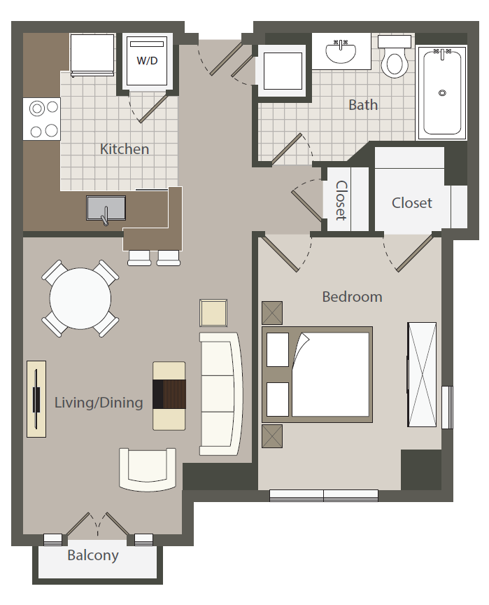 Floor plan for 1 bed, 1 bath, 590 sqft